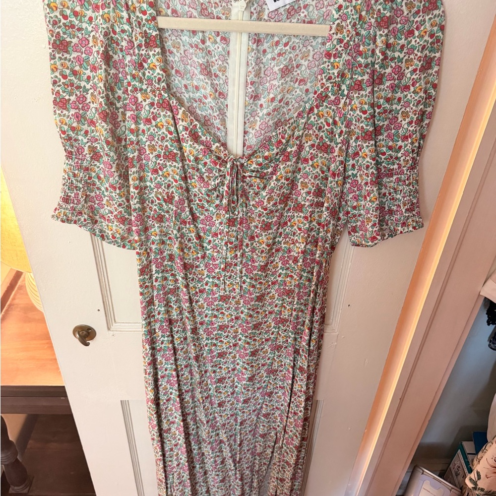 RIXO Pink and Green Floral Tie-Front Maxi Dress